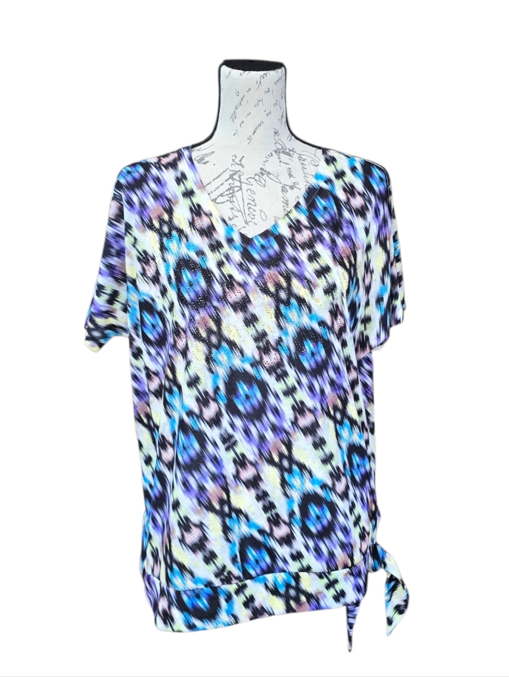 Chico's Ikat Swirl Side Tie Purple Yellow Short Sleeve Blouse L